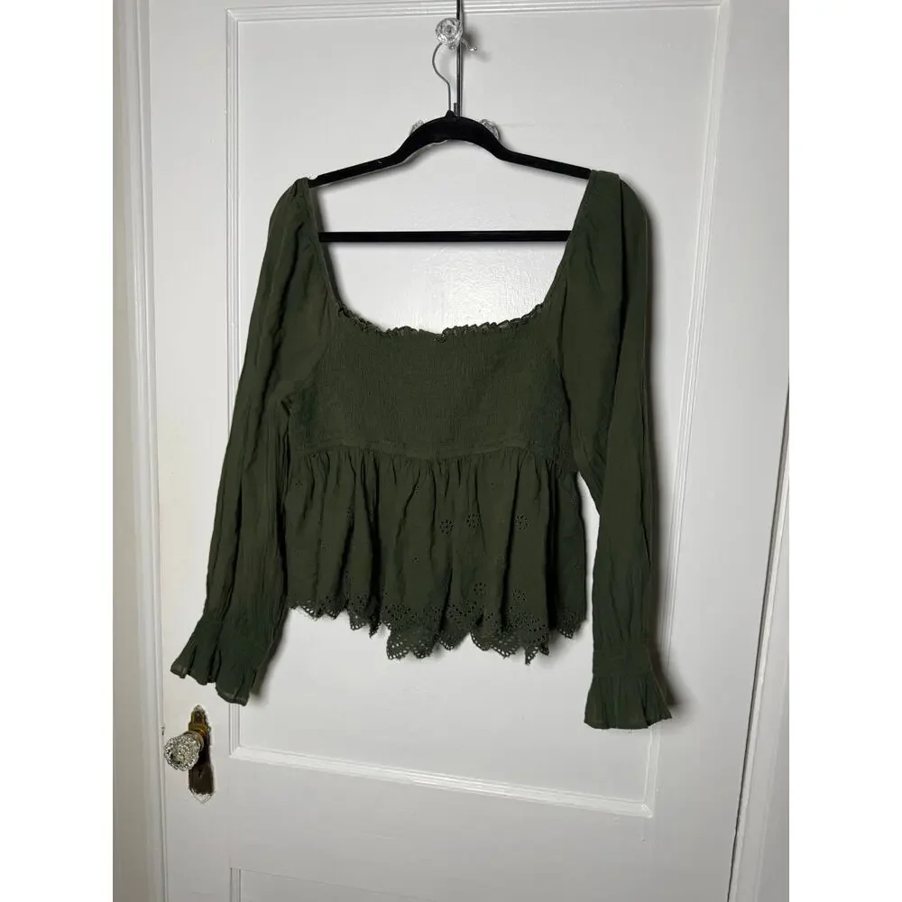 American Eagle Olive Green Smocked Boho Coastal Cowgirl Peplum Peasant Top XL - Picture 8 of 9